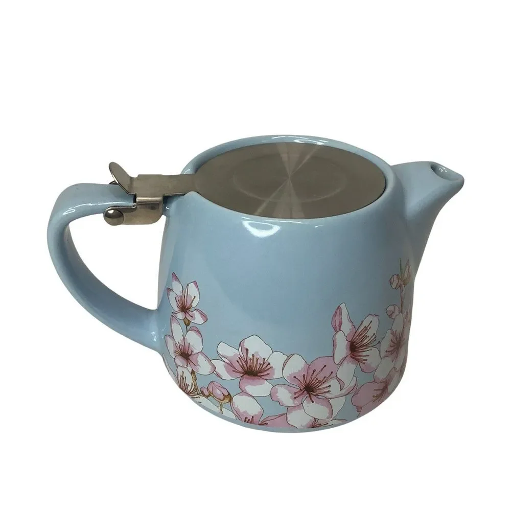 Alfred Ceramic‎ and Stainless Steel Teapot 20 oz Blue Pink Floral Cherry Blossom